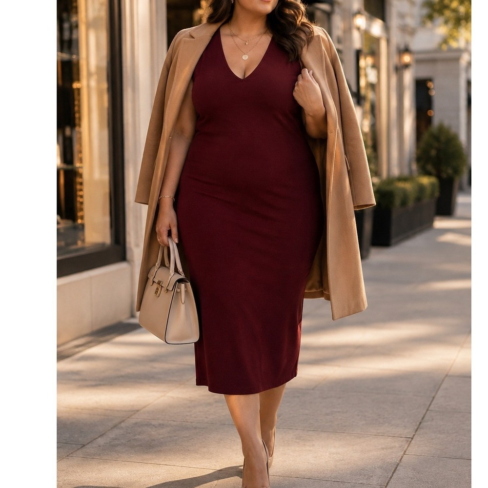 Forever 21 Plus Size XL Burgundy Ribbed Knit V-Neck Sleeveless Midi Dress Wine